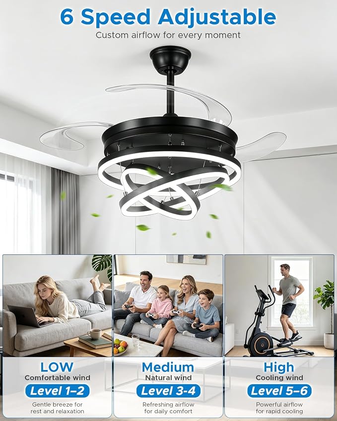 Retractable Ceiling Fans with Lights, 48" Fandelier Ceiling Fan with Light and Remote, Reversible, 3 CCT, Dimmable, Modern Chandelier Ceiling Fan for Bedroom, Living Room, Dining Room (Black)