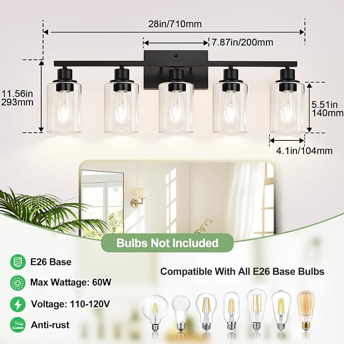 Indoi 5-Light Bathroom Light Fixtures, Matte Black Modern Vanity Lights with Clear Glass Shades, Bathroom Wall Lamp for Mirror Living Room Cabinet Bedroom Porch