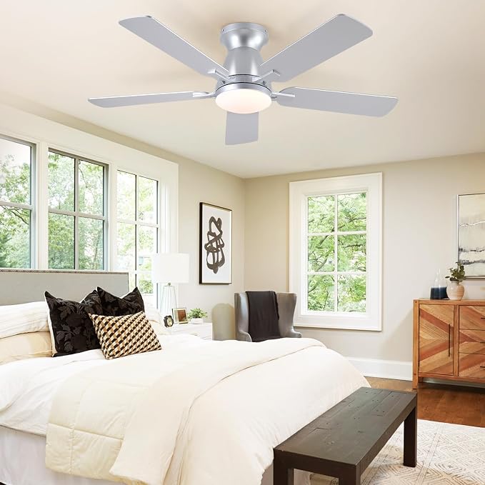 46 Inch Ceiling Fans with Lights and Remote, Flush Mount, Silver | Low Profile, Dimmable LED, Reversible, Quiet DC Motor, Wooden Blades, for Modern Apartment Bedroom Home Office Living Room