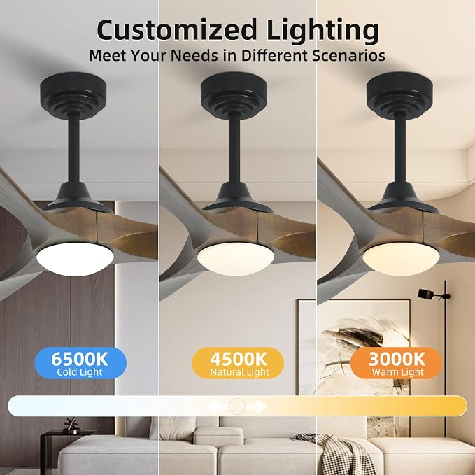 60” Outdoor Ceiling Fan with Light 3 Downrods, Smart Wood Ceiling Fan Compatible with Alexa/Google/App, 3 Blades Modern Walnut Wood Ceiling Fans for Kitchen Living Room Patio,Bronze