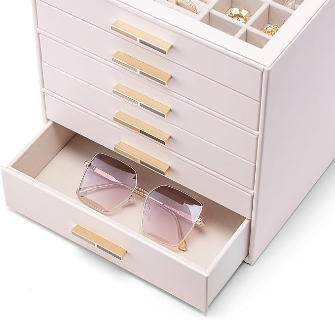 VLANDO 6-Drawer Jewelry Box with Glass Lid, Faux Leather Organizer for Rings Earrings Necklaces and More, Gift-Ready Jewelry Case for Women Girls or Moms, Pink Beige