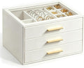 GUOER Jewelry Box for Women, Glass Lid Jewelry Organizer with 3 Drawers PU Jewelry Storage Case for Necklaces Rings Earrings Bracelets, Mother's Day, White