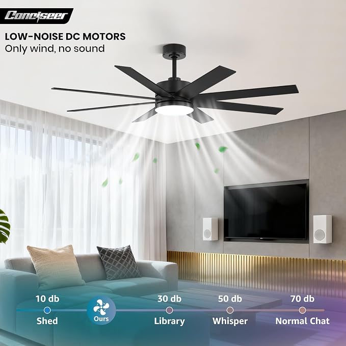 60 Inch Ceiling Fans with Lights and Remote, Dual Color 6 Blades, Bedroom Living Room Office Library Cafe Outdoor Industrial, 3CCT Dimmable, 6 Speed Reversible Quiet DC Motor, Black/Wood Grain