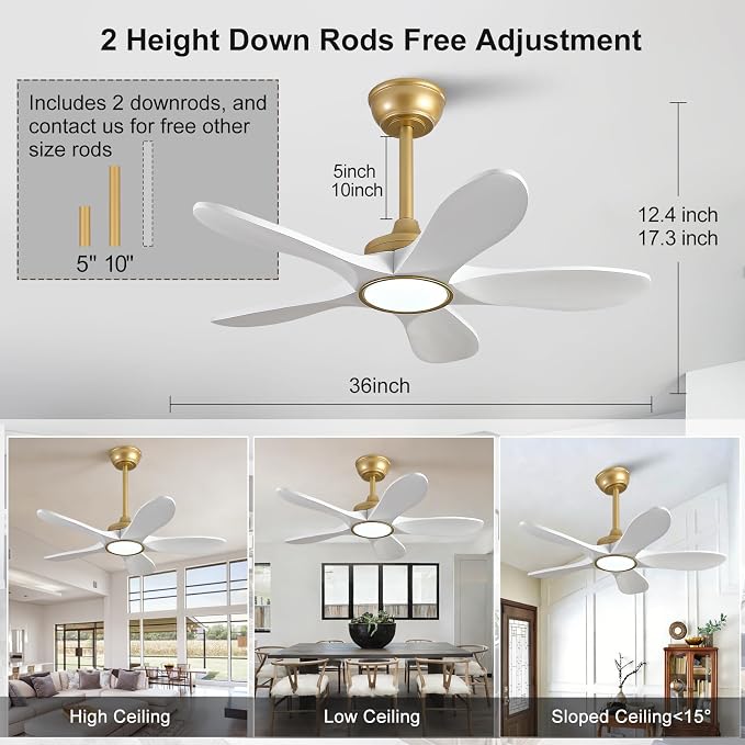 36 Inch White and Gold Ceiling Fans with Lights and Remote Control, Modern 3 Blade Wood Ceiling Fan, Small Outdoor Ceiling Fan with Light for Patio Farmhouse, Quiet DC Motor, Dimmable LED Light