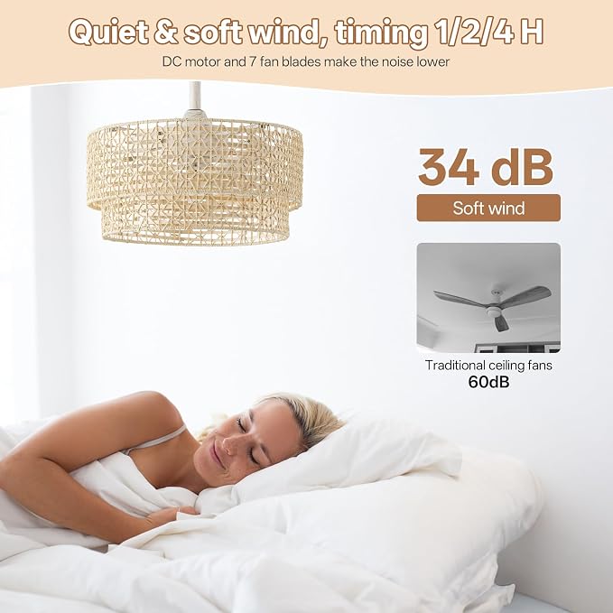 20" Boho Ceiling Fans with Lights, Rattan Fandelier Chandelier Ceiling Fan with Light Remote Control, Caged with 6 Speeds for Bedroom, Nursery