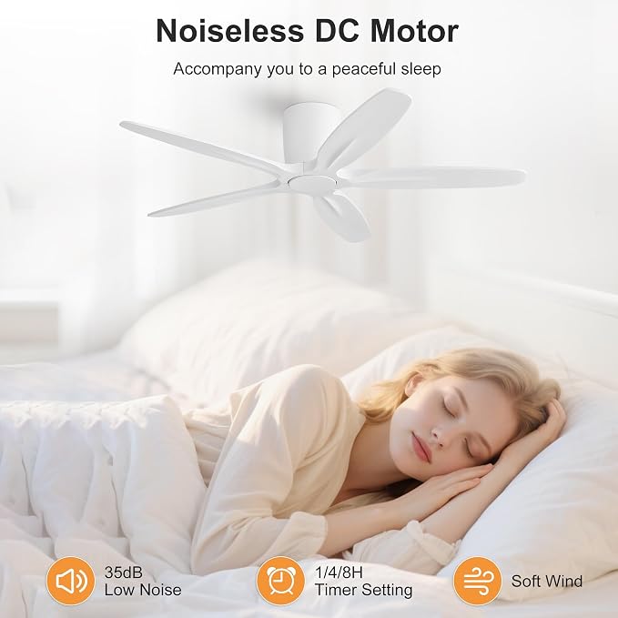 WINGBO 54" Flush Mount Ceiling Fan No Light - 5 Carved Solid Wood Blades, 6-Speed Reversible DC Motor, Dimmable, 3CCT, Low Profile Ceiling Fans without Lights for Bedroom Living Room, White