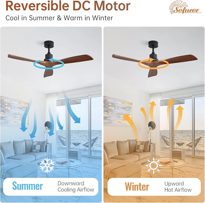 Sofucor 52 Inch Ceiling Fan No Light - Modern Solid Wood Ceiling Fan with Remote, 5000CFM High Airflow, Quiet DC Motor, 3 Rods & 6 Speeds, Timer & Reversible for Bedroom Living Room, ETL, Walnut
