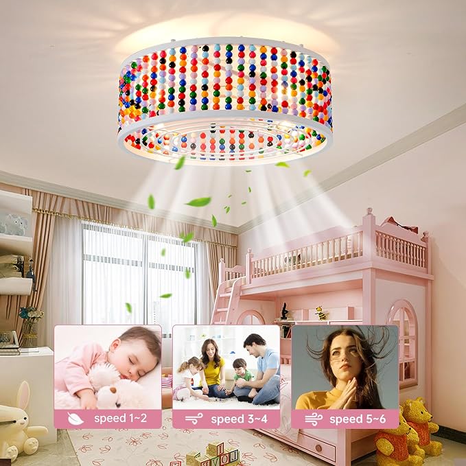 Ceiling Fans with Lights and Remote - Bulbs Included, Caged Fandelier with Handcrafted Beaded Décor 19 inches Reversible Flush Mount Installation Ceiling Fan, Colorful