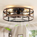LEDIARY 20" Caged Ceiling Fan with Light and Remote, Low Profile Flush Mount Fandelier, Black Gold Bladeless Enclosed Small Ceiling Fan Light Fixtures, Rustic Farmhouse Style for Bedroom, Outdoor