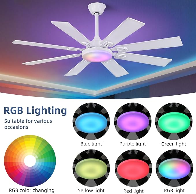 52 Inch Ceiling Fans with Lights and Remote/APP Control, Modern Ceiling Fan with 8 Dual Finish Blades,Quiet Reversible Motor, White Ceiling Fan with RGB Lights for Bedroom,Living Room,Patios