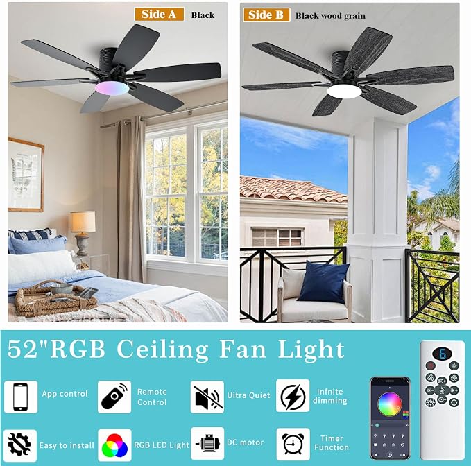 52inch Black Ceiling Fans with Lights and Remote/App Control, Low Profile Ceiling Fan with Light and 6 Double-Side blades, Flush Mount, LED/RGB Dimmable DC Reversible Modern Ceiling Fan for Bedroom