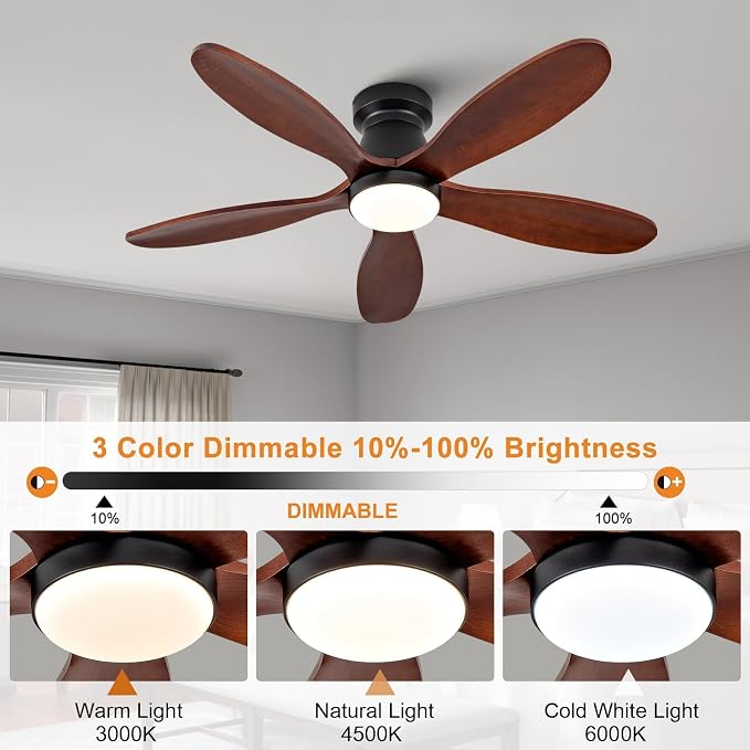 42 Inch Ceiling Fans with Lights and Remote, Low Profile Flush Mount Modern Wood Ceiling Fan with Light, 5 Blades, Wall Switch, Indoor Outdoor Ceiling Fan for Patio Dining Room