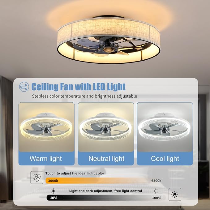 XUDOM19.6 Farmhouse Low Profile Flush Mount Ceiling Fan with Light and Remote,Fabric Bladeless Caged Fandelier with APP Control 6 Speed DC Motor,Timer,LED Dimmable for Bedroom,Living Room