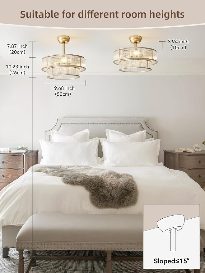 Gold Fandelier Ceiling Fans with Lights, 20" Gold Crystal Chandelier Ceiling Fan with Light Remote Control, Caged Mid Century with 6 Speeds for Bedroom, Living Room, Nursery