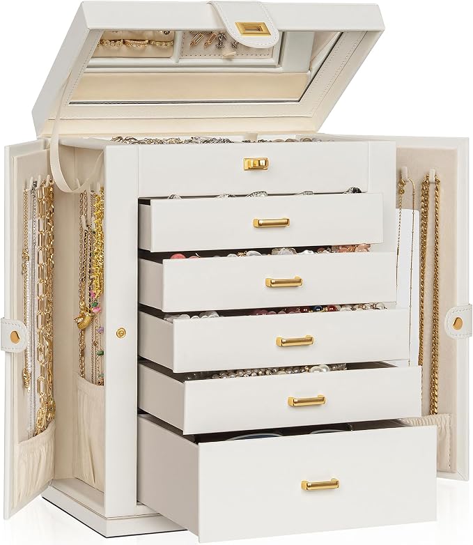 AKOZLIN 6-Tier Jewelry Box Organizer Functional 5 Drawers Leather Jewelry Storage Case for Women Girls Ring Necklace Earring Bracelet Holder Organizer with Mirror XL White 360° Rotating