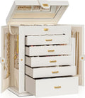 AKOZLIN 6-Tier Jewelry Box Organizer Functional 5 Drawers Leather Jewelry Storage Case for Women Girls Ring Necklace Earring Bracelet Holder Organizer with Mirror XL White 360° Rotating