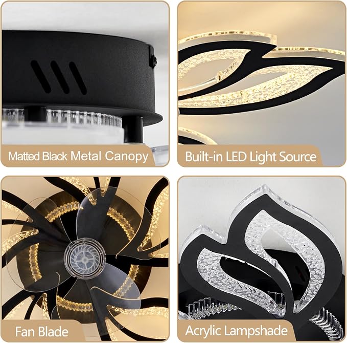 25" Black Geometric Ceiling Fan with Lights and Remote Control, 3 Light Color 6 Speeds Flush Mount Low Profile Ceiling Fan for Bedroom Kitchen