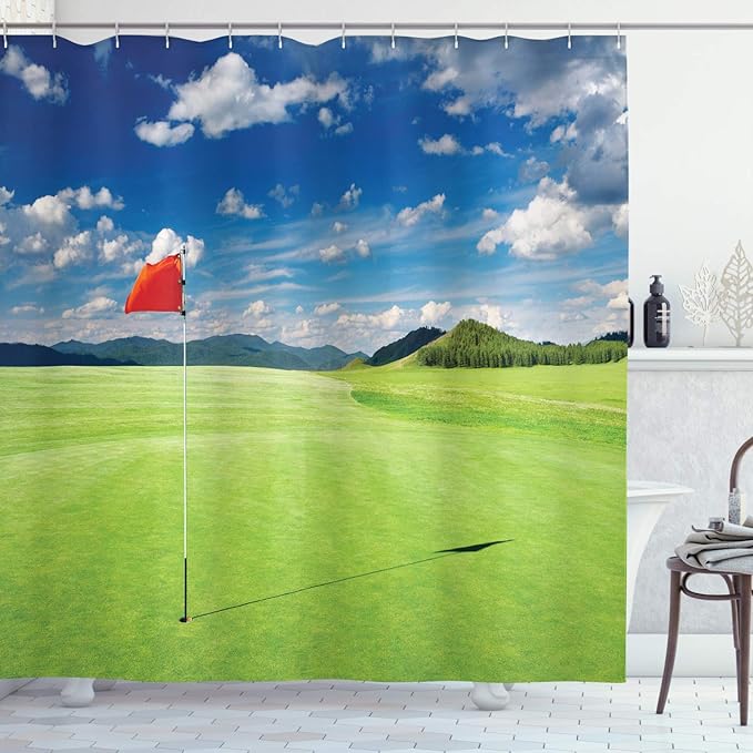 Ambesonne Sports Shower Curtain, Golf Field with Flag in The Hole Clouds Sky Summertime Golfing Landscape, Cloth Fabric Bathroom Decor Set with Hooks, 69" W x 70" L, Lime Green