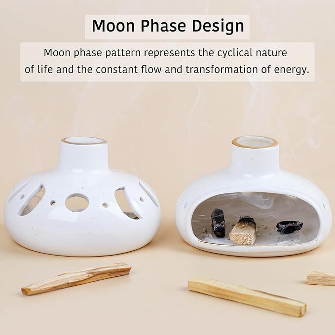 ZenBless 3 in 1 Incense Holder for Palo Santo Sticks Sage Incense, Handcrafted Ceramic Incense Burner Holder Ash Catcher with Chimney, Smudge Bowl for Yoga Meditation Room Home Decor