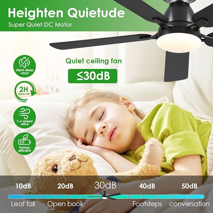 Mpayel 52 Inch Ceiling Fans with Lights and Remote, Black Ceiling Fan with Light Flush Mount, Low Noise, Reversible, Dimmable, Modern Low Profile Ceiling Fan with Light for Bedroom Indoor Outdoor