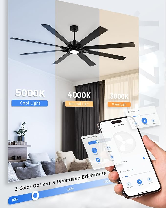 84 Inch Ceiling Fan,Large Indoor Outdoor Ceiling Fan for High Ceilings,Covered Patio & Garage,Smart Ceiling Fan Compatible with Alexa,Black Ceiling Fan with Dual Finish 8 Blades, ZCCF05BK-84