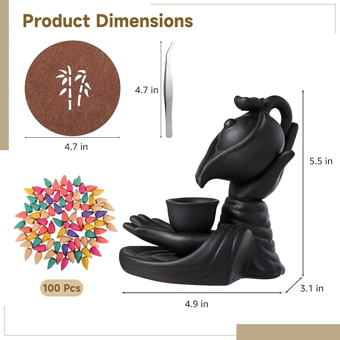 Buddha Hand Backflow Incense Burner, Ceramic Smoke Waterfall Burner with 100 Incense Cones, Tweezers, Mat, Meditation Home Decor