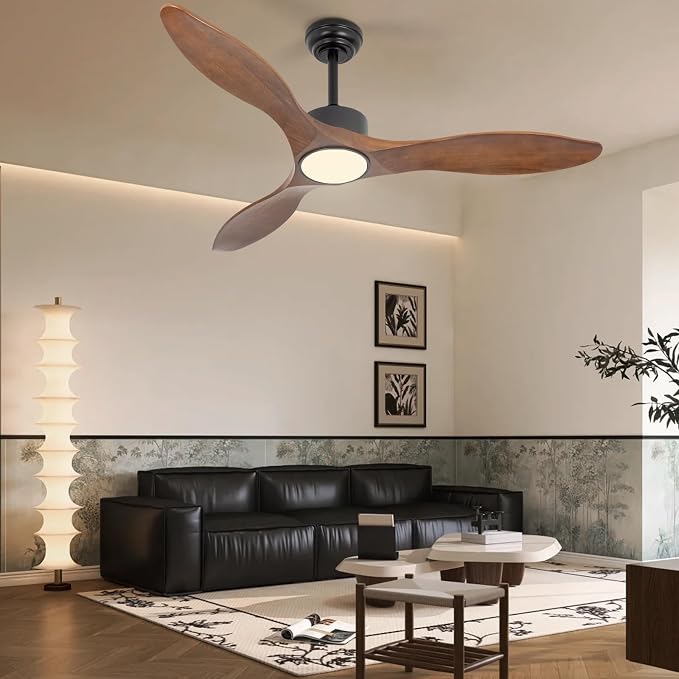 52 Inch Brown Wood Ceiling Fan with Light and Remote, 6 Speed and Reversible DC Motor, 3 Blade Low Profile Flush Mount Mordern Wood Ceiling Fans for Living Room Bedroom Outdoor Patio