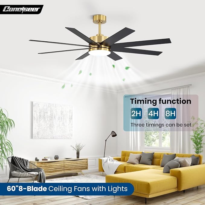 60 Inch Ceiling Fans with Lights and Remote, Dual Color 6 Blades, Bedroom Living Room Office Library Cafe Outdoor Industrial, 3CCT Dimmable, 6 Speed Reversible Quiet DC Motor, Gold/Wood Grain