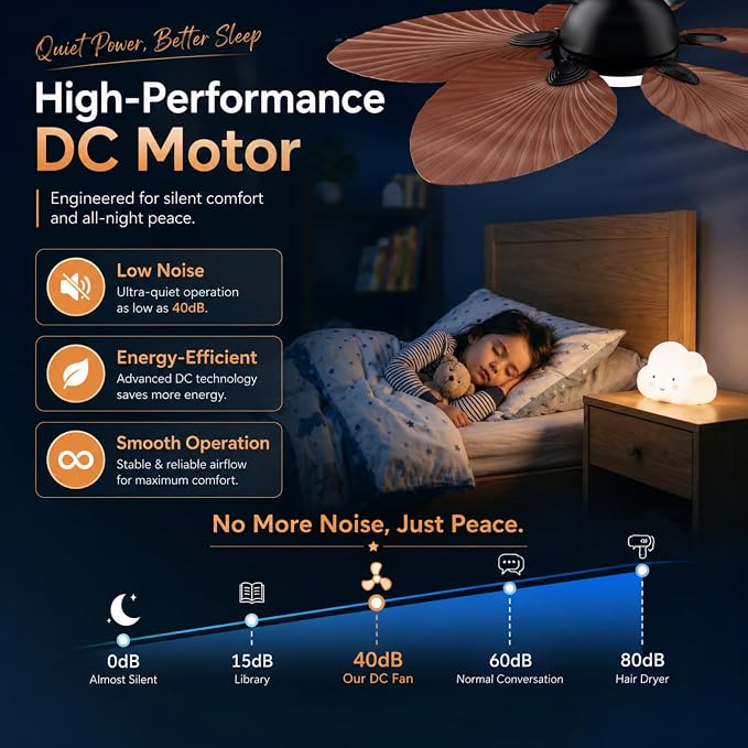 52" Modern Tropical Ceiling Fan with Light and Remote for Bedroom | LED Dimmable Tri-Color Temperature, 5 Blade Ceiling Fans Reversible, 6 Speeds w/Quiet DC Motor, living room, bedroom, kitchen