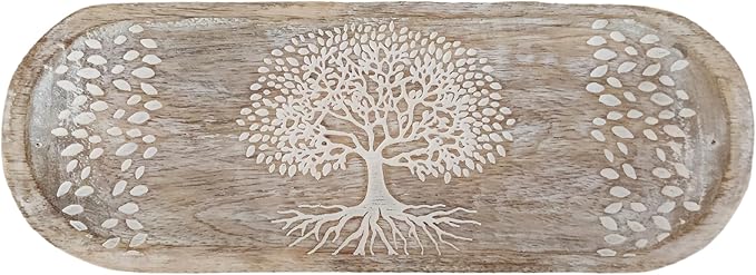 VANIYA CRAFTS® Wooden Handmade Tree of Life Design Boat Shape Incense Holder Stand Insence Tray for Sticks Home Decor Restaurant (11X4,Antique White)