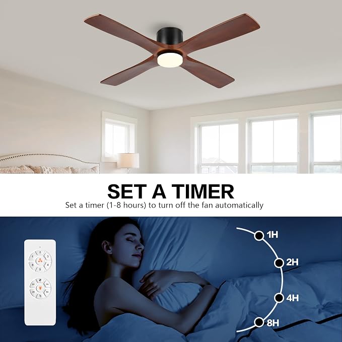 WINGBO 54 Inch Flush Mount DC Ceiling Fan with Lights and Remote, 4 Reversible Carved Wood Blades, 6-Speed Noiseless DC Motor, Hugger Ceiling Fan in Matte Black Finish with Walnut Blades