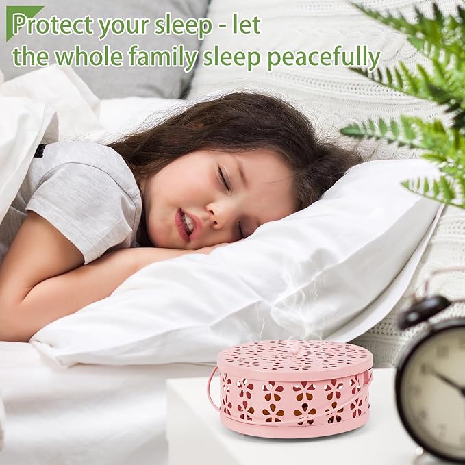 Portable Iron Mosquito Coil Holder with Handle Round Heat-Resistant Incense Holder (Pink)