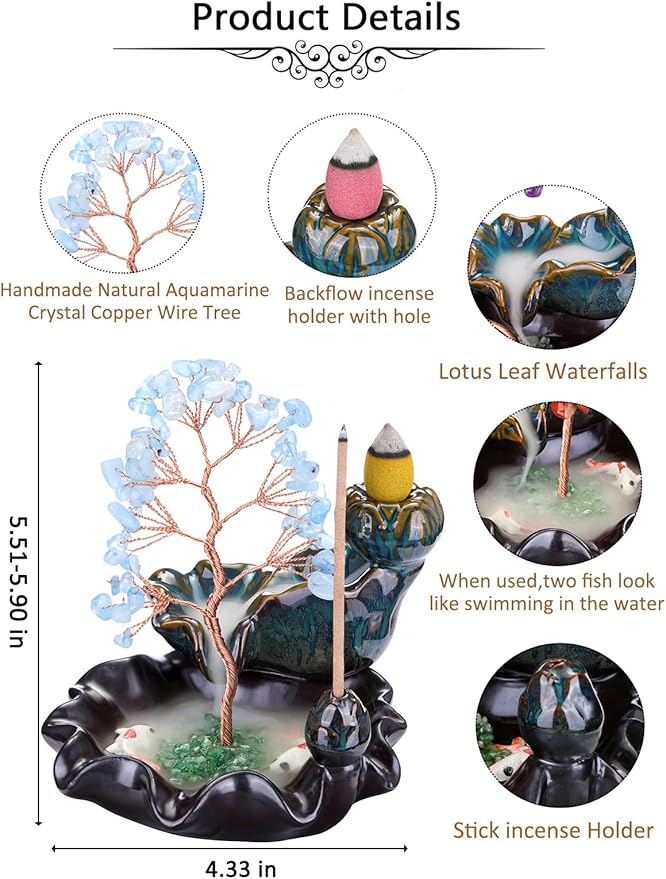 Jovivi Backflow Incense Burner Ceramic Incense Waterfall, Natural Aquamarine Healing Crystal Money Tree Incense Holder for Wealth, Good Luck, Yoga Meditation, Home Decor