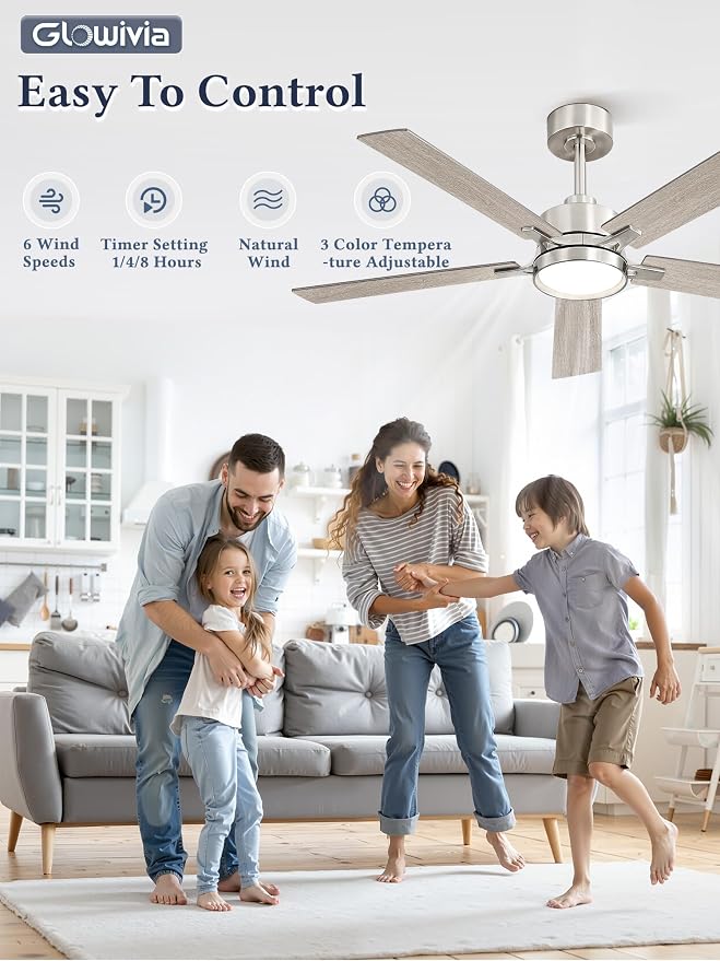 52 Inch Ceiling Fan with Lights and Remote, Smart APP Control, Dimmable with All-Setting Memory, Quiet DC Motor Reversible Blades, Damp Rated Modern Ceiling Fan for Bedroom Patio Living Room