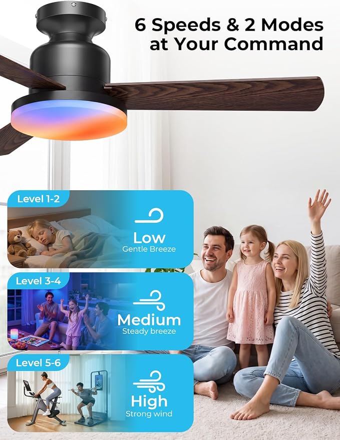 CINOTON Smart Ceiling Fan with Lights, 42'' RGBCW Low Profile Ceiling Fan with Lights and Remote, App/Voice Control, Reversible DC Motor, 2400lm Dimmable, 6 Speeds, Quiet Fan for Bedroom, Living Room
