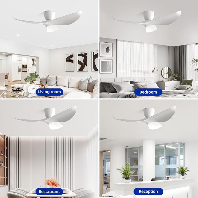 52" White Flush Mount Ceiling Fan with Remote, No Light | Modern Low-Profile, Heat Resistant ABS Blades, 6-Speed Reversible Quiet DC Motor for Balcony, Living Room, Bedroom