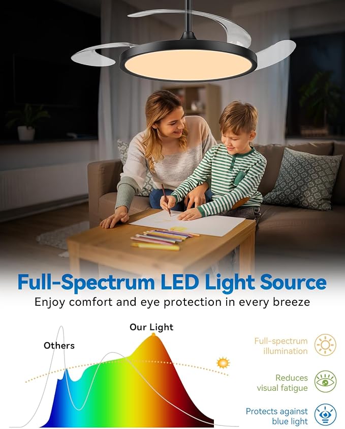 【Slim】48" Retractable Ceiling Fans with Lights, Large Fandelier Ceiling Fan with Light and Remote, Reversible, 3 CCT, Dimmable, Modern Chandelier for Bedroom, Living Room, Dining Room (Black)