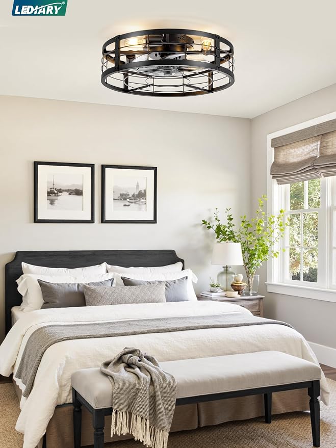 LEDIARY 20" Caged Ceiling Fan with light and Remote, Low Profile Flush Mount Fandelier, Black Bladeless Enclosed Small Fan Ceiling Light Fixtures, Rustic Farmhouse Style for Bedroom, Outdoor