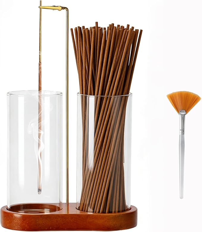 Incense Holder with 2 High Glass Bottle,Wooden Base Incense Stick Holder for Desktop,Incense Burner for Ash Collection,Ash Container (Wood)