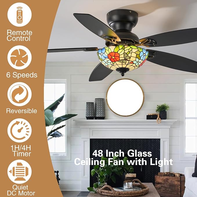 Tiffany Ceiling Fans with Lights - 48" Ceiling Fan Chandelier with 5 Dual-Blades and Glass Shade, 6 Speeds and Reversible, Indoor and Outdoor, Retro Style