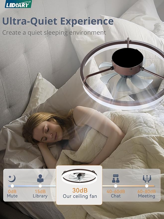 LEDIARY Ceiling Fans with Lights, 20 inch Low Profile Flush Mount Ceiling Fan, Dimmable LED, APP & Remote Control, Quiet Reversible DC Motor, 6 Speeds, Fandelier for Bedroom, Brown