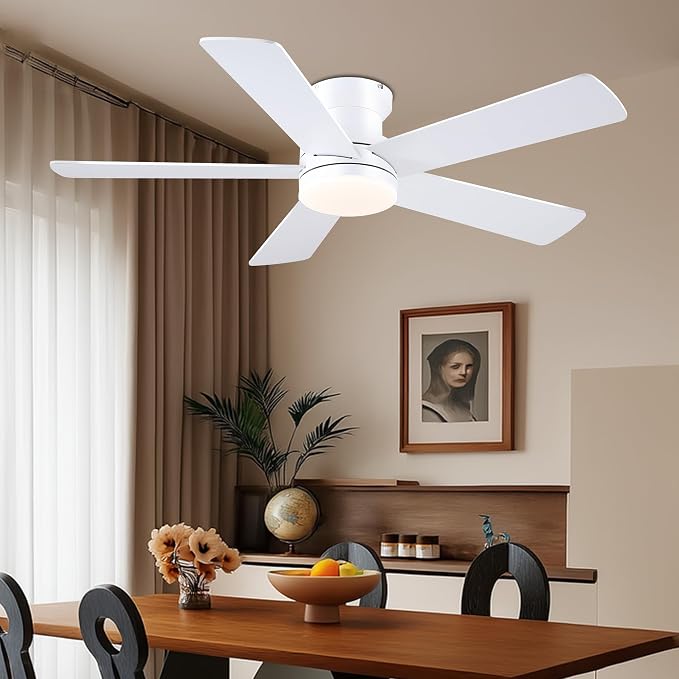 Ayaoty 48In Ceiling Fan with Light Flush Mount - White Low Profile Ceiling Fan Light with Remote/APP, 5 Reversible Dual-Sided Blades, Modern Fan Light for Indoor Bedroom, Covered Outdoor