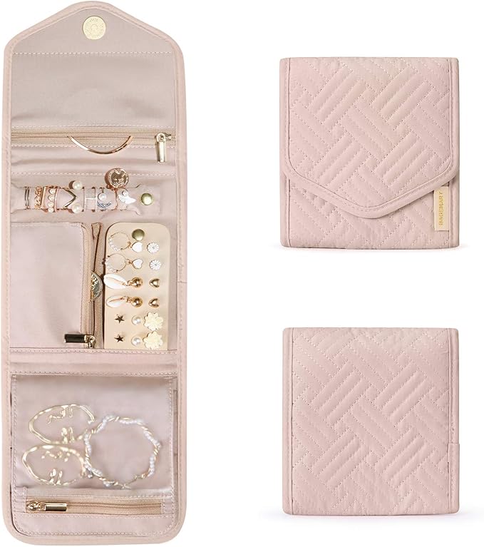 BAGSMART Travel Jewelry Organizer Case Foldable Small Jewelry Roll for Journey Rings, Necklaces, Earrings, Bracelets,Mini,Soft Pink