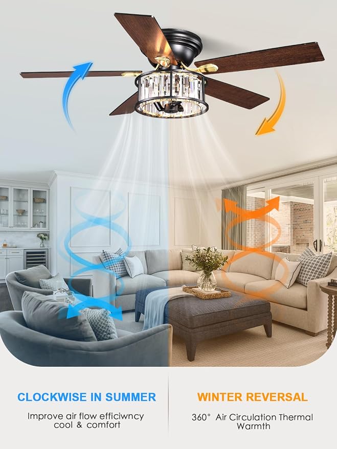52 inch Flush Mount Ceiling Fan with Light Remote Control | Low Profile Crystal Chandelier Fandeliers 5 Reversible Blades Indoor Farmhouse Ceiling Fans for Bedroom Living Room Kitchen