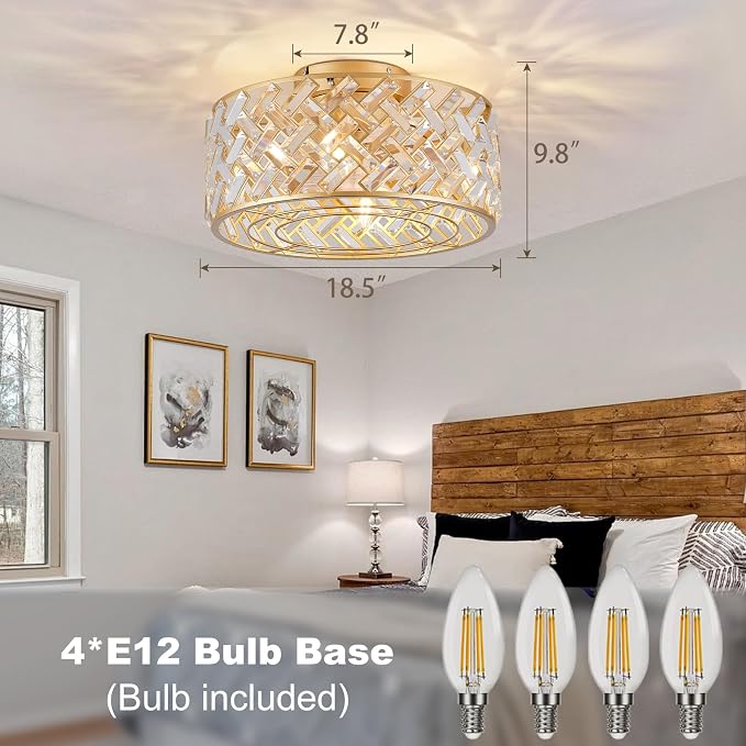 18 Inch Caged Ceiling Fans with Lights, Low Profile Crystal Fandelier Ceiling Fan with Lights and Remote & App Control for Low Ceilings Flush Mount Installation Indoor, Bulb Included Gold
