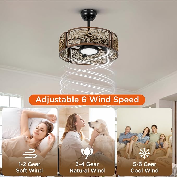 TALOYA 20 Inch Caged Ceiling Fans with Lights Chandelier Remote Control Flush Mount Low Profile for Bedroom Living Room Patio,Reversible,Buzzer Mute,Dimmable Led Light Included,Fandelier,Black Walnut