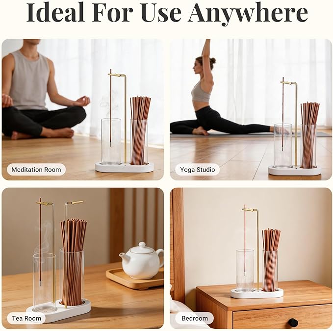 Glass Incense Holder, 2 in 1 Hanging Incense Burner Holder with Ash Catcher & Storage | Cute Boho Decor for Meditation, Yoga, Spa | Stick Incense Holder, Censer, Incense Tray Alternative (White)