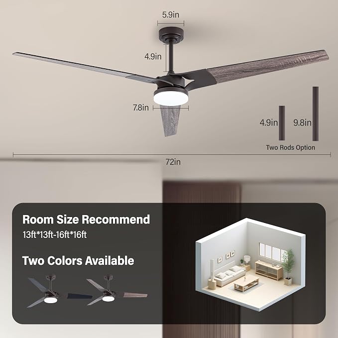 Ceiling Fan with Lights and Remote, 3 Blade App Control Timer Reversible Stepless Brightness and Color Temperature Outdoor Wood Ceiling Fan with Lights (Brown, 72 In'ch)