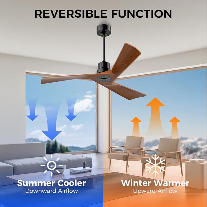 Obabala Ceiling Fan 52 Inch with Remote, Solid Wood Blades DC Motor 5000 CFM Quiet 35dB, Reversible 6 Speed Modern Farmhouse for Bedroom Living Room Indoor Outdoor, No Light with Downrod