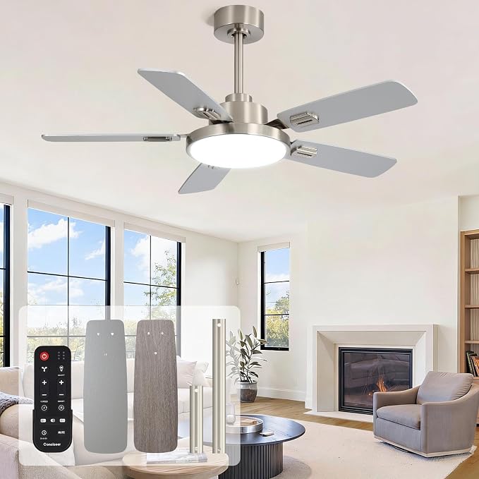 44 Inch Ceiling Fans with Lights and Remote for Bedroom Living Room Kitchen Office, Indoor/Outdoor Use, 5CCT Dimmable, Dual Color 5 Blades, 6 Speed Reversible Quiet DC Motor, Sand-nickel/Wood Grain